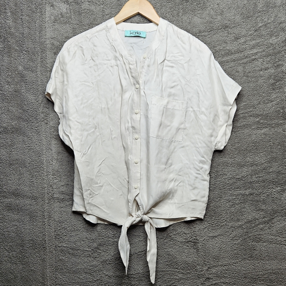 Karlie Button Up Short Sleeve Top Tie Hem
